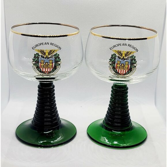 Other - Vtg 2 Wine Glass Goblet Gold Trim Green Swirl Stem Engineers Oberammerg Germany
